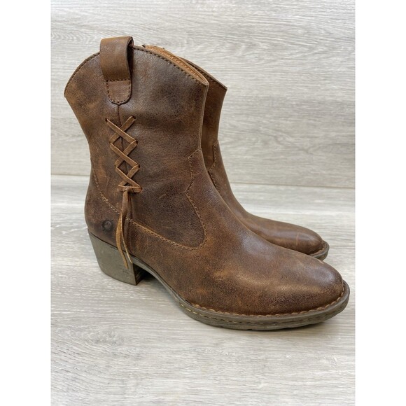 Born Karin Ankle Western Boots Brown Leather 8 Lace Back Women's Cowboy Heel - Picture 1 of 12